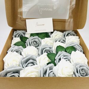 50Pcs Artificial Flowers Roses Silver Shimmer & White Foam Fake Roses with Stems